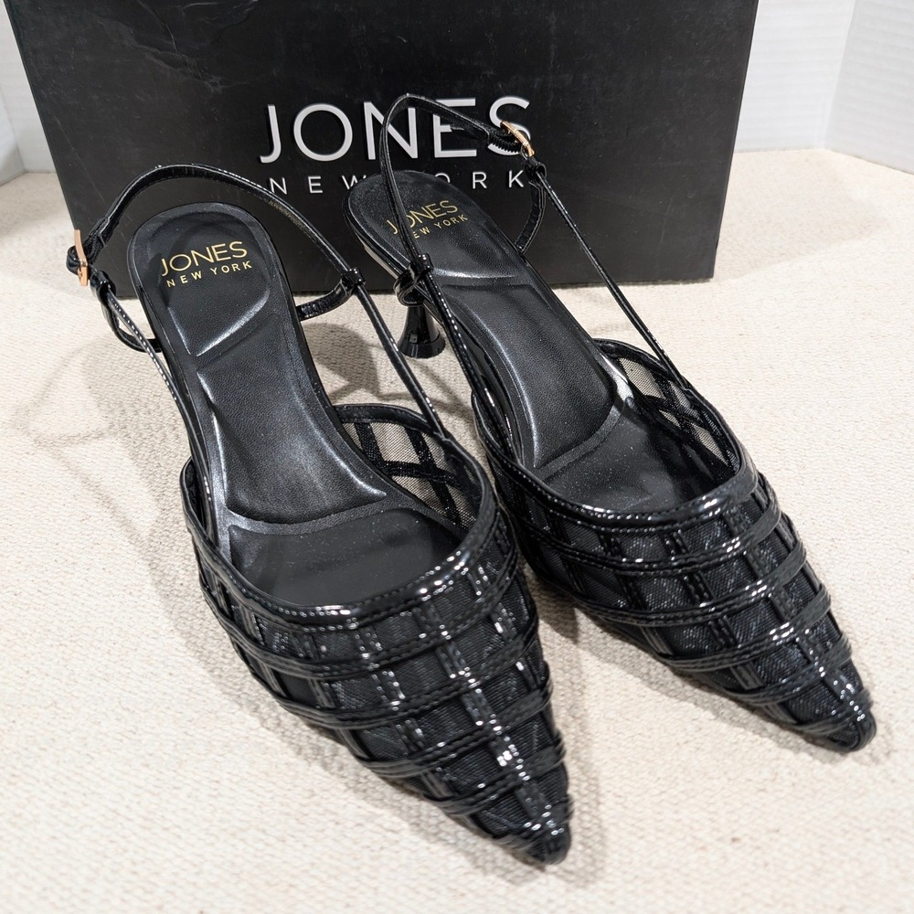 Jones New York Linela Black Mesh Cage Slingback Kitten Heel‎ Dressy Pumps 9M NIB